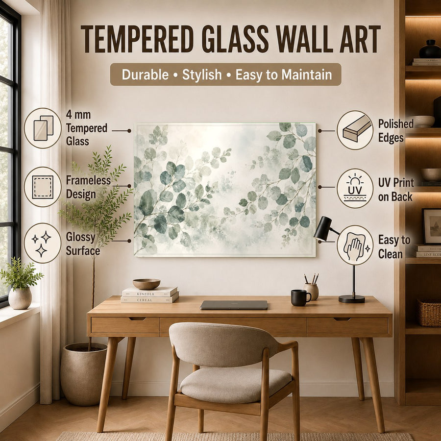 Elegant eucalyptus leaf glass art print displayed in a luxury hotel lobby with warm, natural lighting.