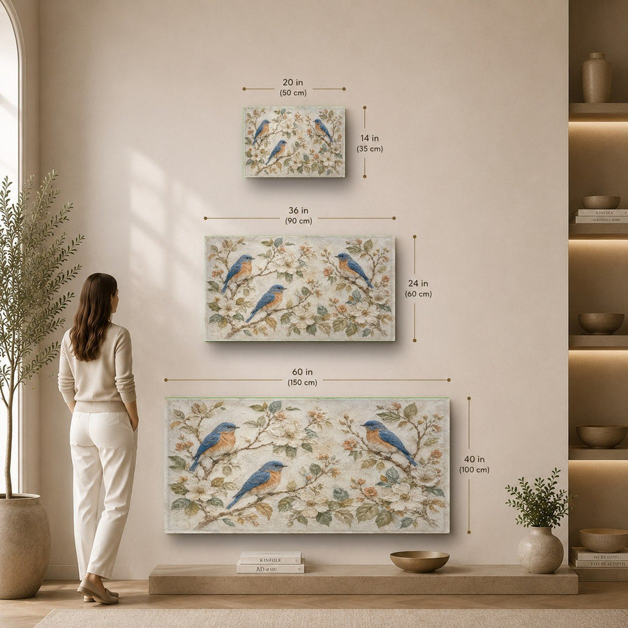 High-gloss tempered glass art of blue birds on a cherry blossom branch in a peaceful wellness spa hallway.