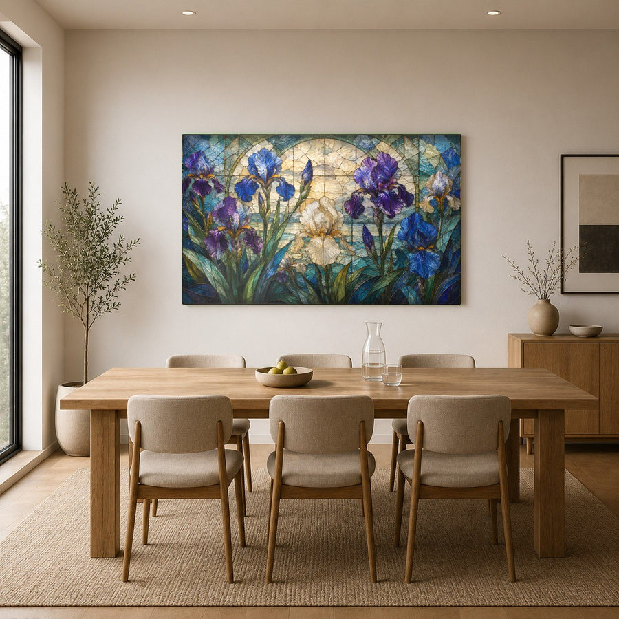 A peaceful wellness spa room with the Iris Garden tempered glass artwork hanging above a massage table.