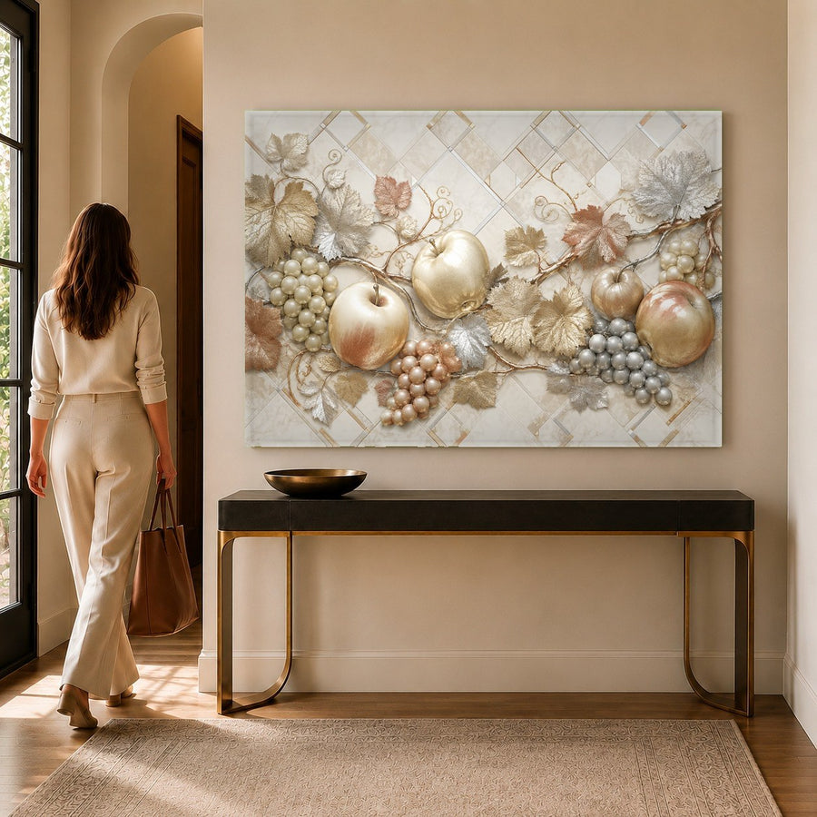 A vibrant vineyard-themed tempered glass print hanging in a cozy dining room filled with warm natural light.