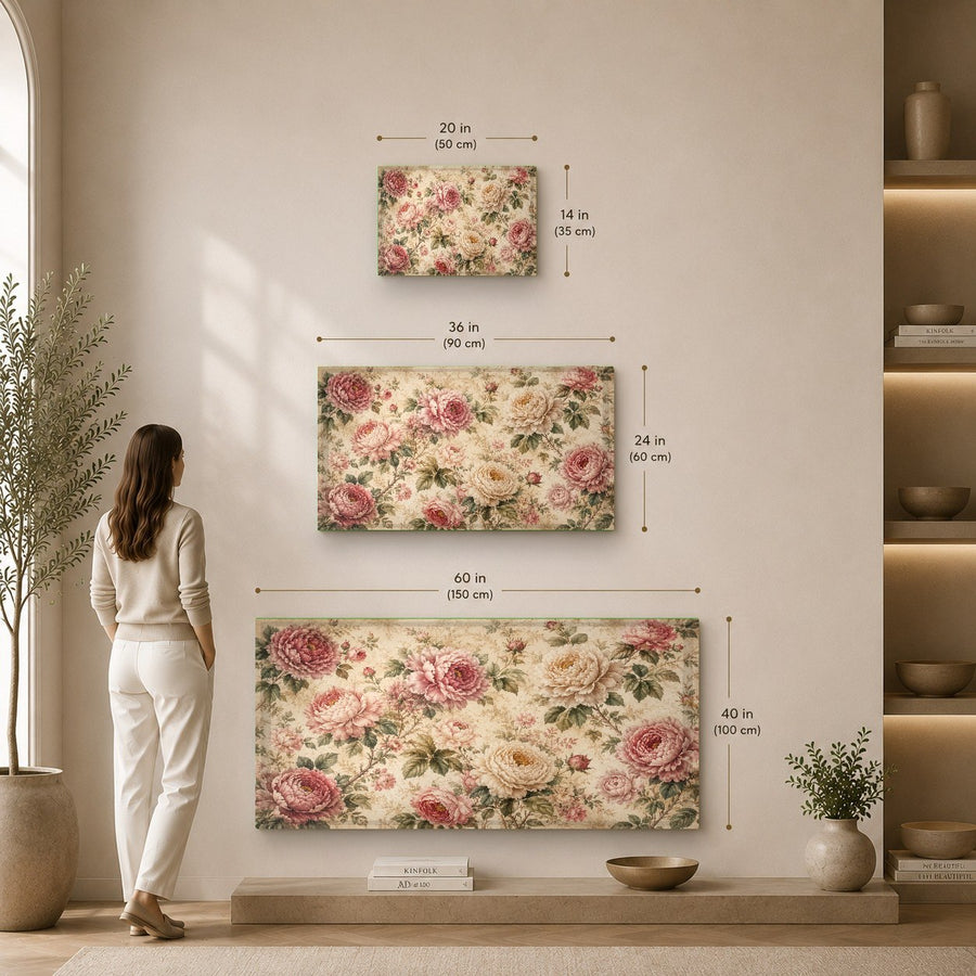 Side angle of a large vintage rose glass print hanging in a sophisticated home office with brass accents.
