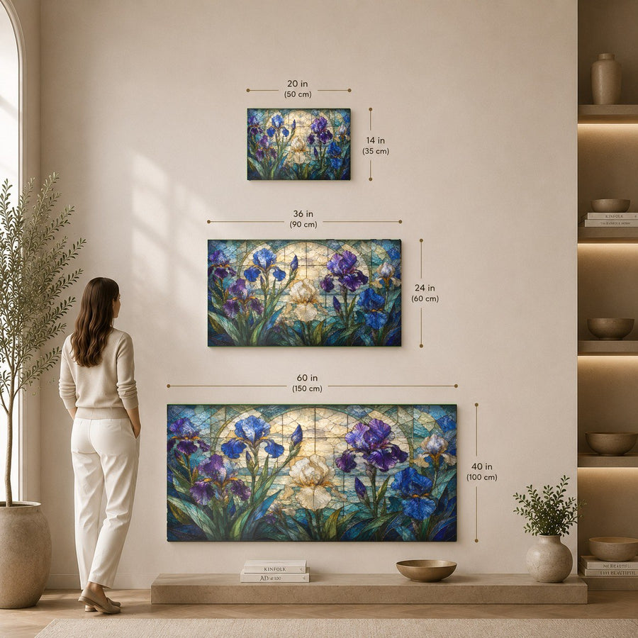 An upscale hotel suite bedroom with the Iris Garden glass wall art displayed beautifully over the headboard.