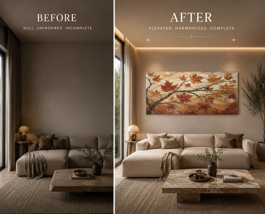 A large Autumn Maple glass art piece mounted on an office accent wall, adding warm colors to a workspace.