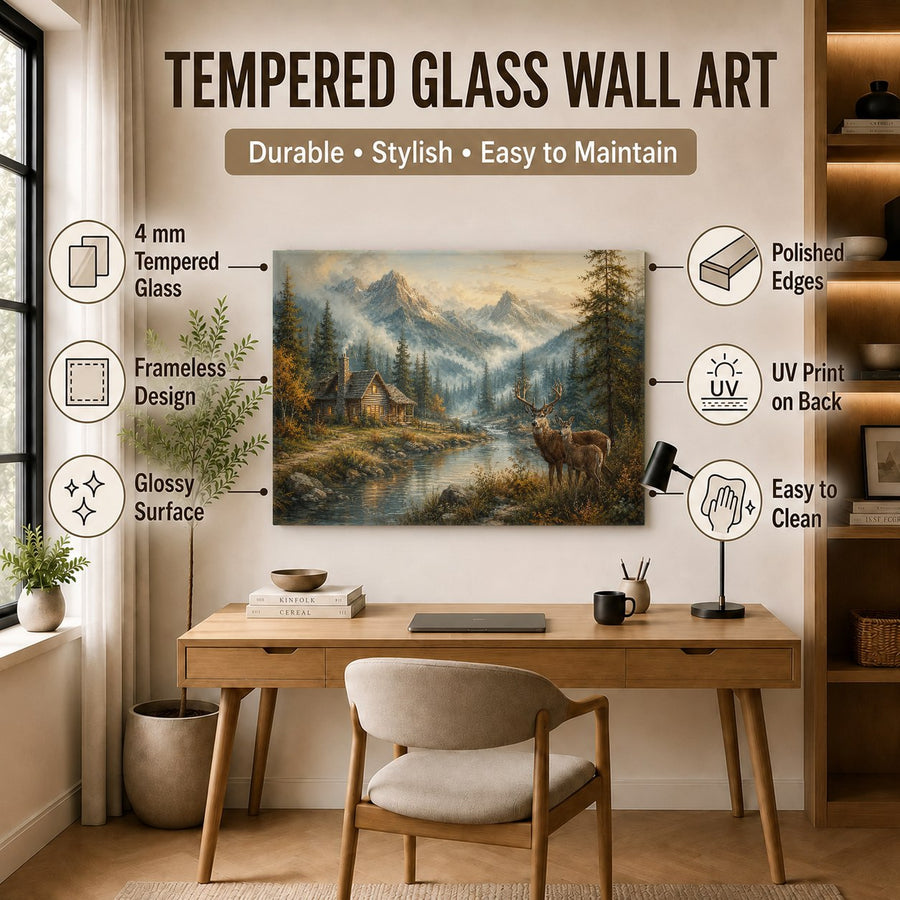 Tempered glass wall decor featuring a tranquil alpine lake in a bright, minimalist home office.