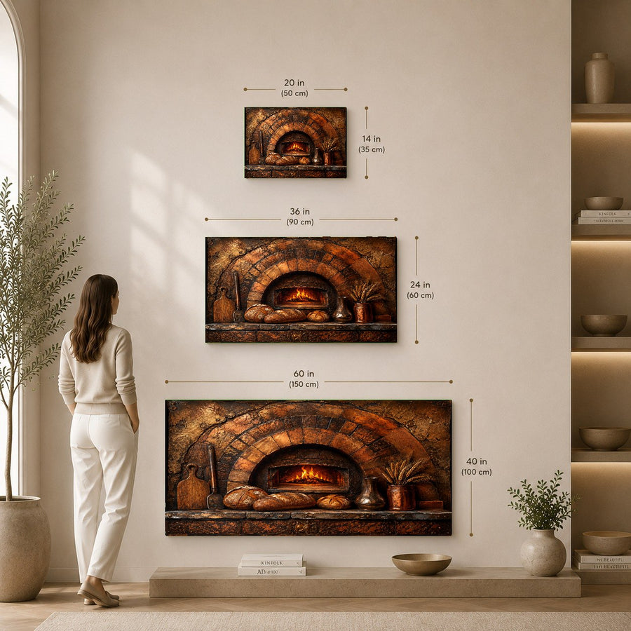 Frameless glass print of a rustic brick hearth styled in a modern kitchen with copper cookware accents.