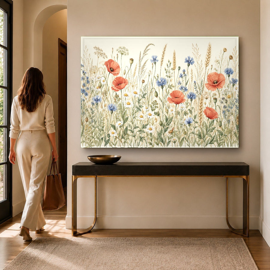Botanical tempered glass print displayed in a bright, sunlit master bedroom