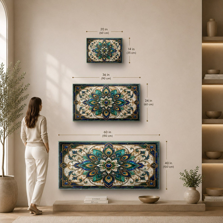 Spiritual floral mandala tempered glass wall decor adding a touch of elegance to a modern bathroom vanity area.