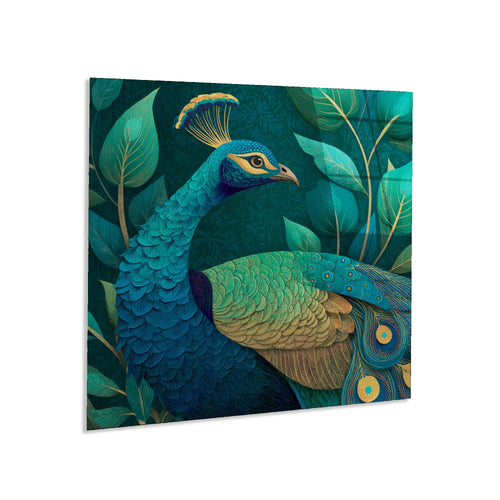 Decorative panel with a peacock design on a green leafy background