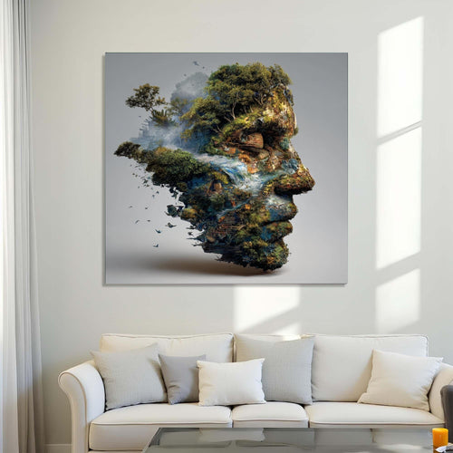 Artistic depiction of a face formed by nature with trees and water on a gray background