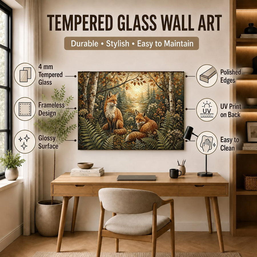 Large forest foxes glass wall decor hanging in a modern cabin living room with a stone fireplace.