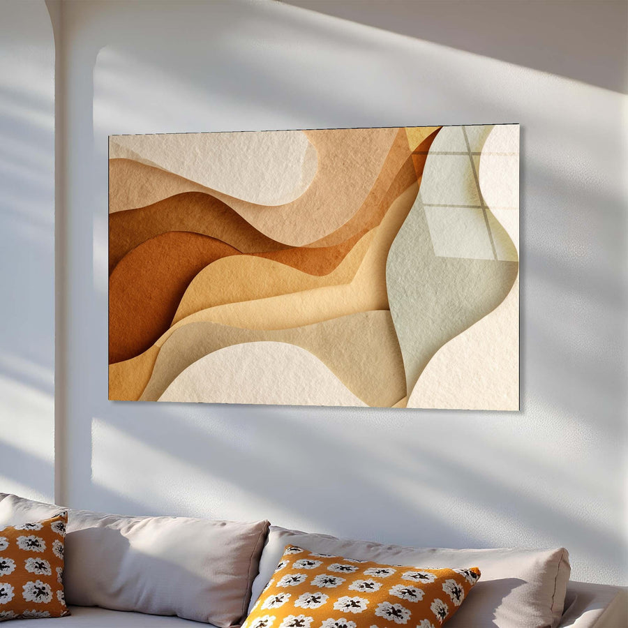 Abstract wall art with wavy patterns in earthy tones on a white wall.