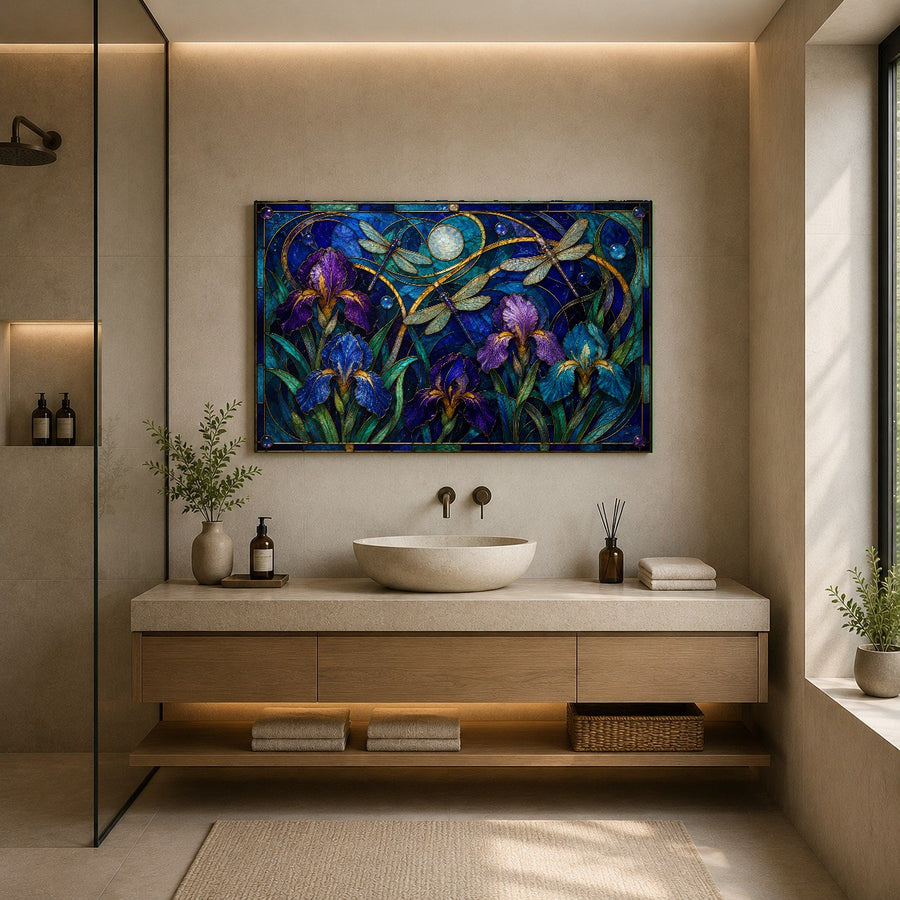 Sunlight reflecting off the scratch-resistant surface of the Iris Flight glass print in a cozy reading nook.