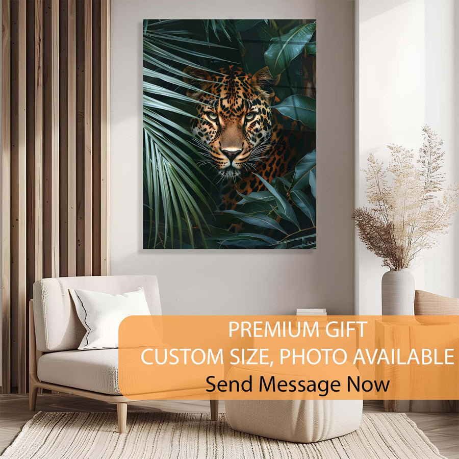 Leopard painting on a wall in a living room with a sofa and decorative elements.