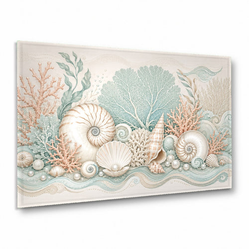Coastal Shell Glass Wall Art hanging above a modern beige living room sofa