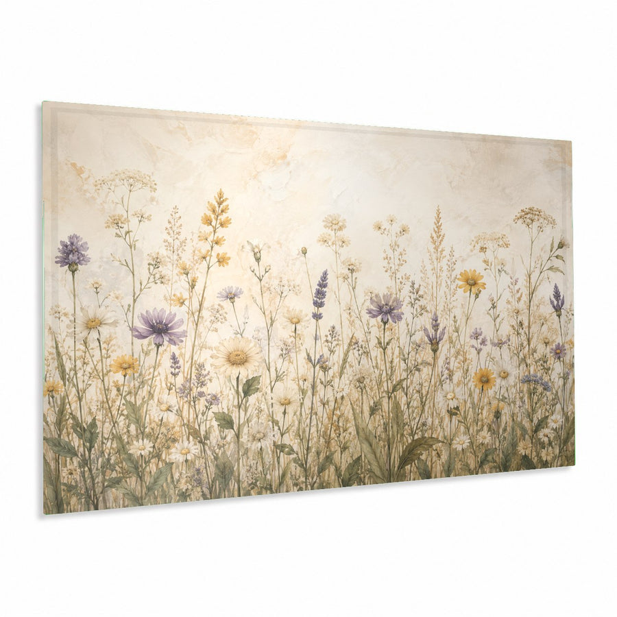 Wildflower Meadow glass wall art hanging above a modern beige sofa in a sunlit living room.