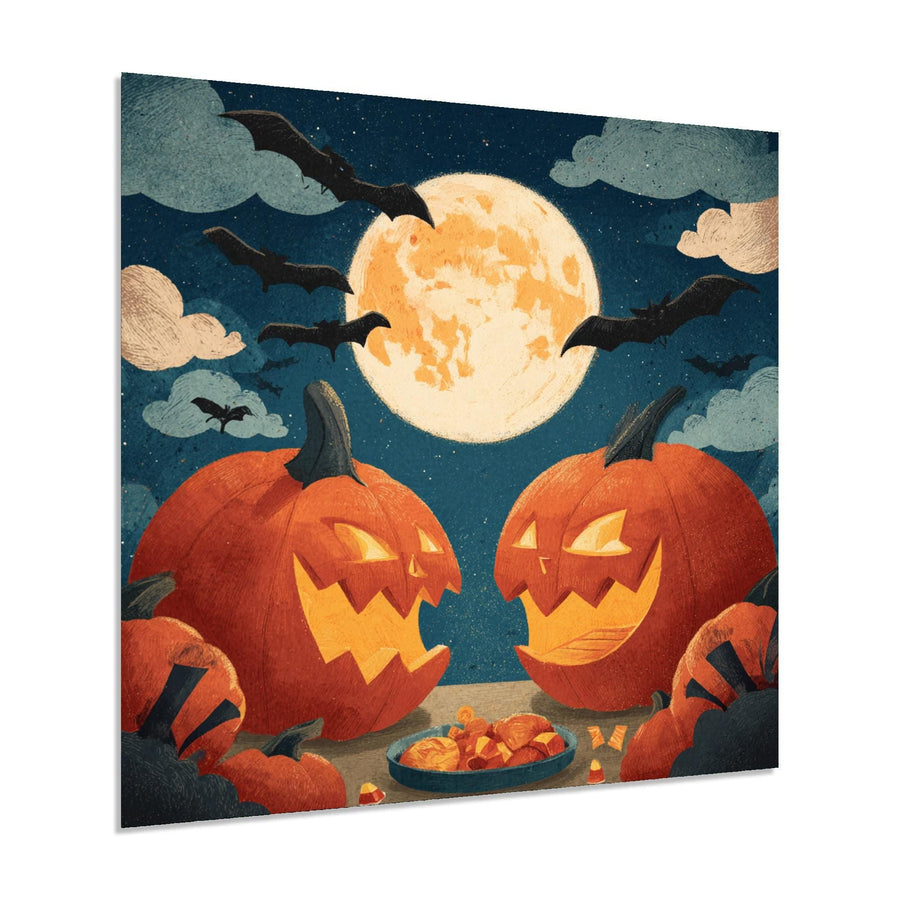 Halloween-themed artwork with carved pumpkins, a full moon, and bats on a dark blue background.