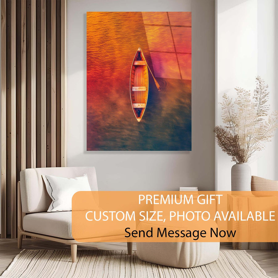 Artistic depiction of a boat on water with a modern interior setting.