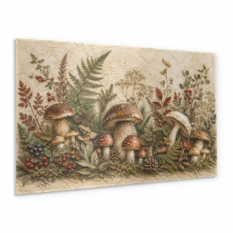 Mushroom Garden glass wall art hanging in a cozy living room with plants