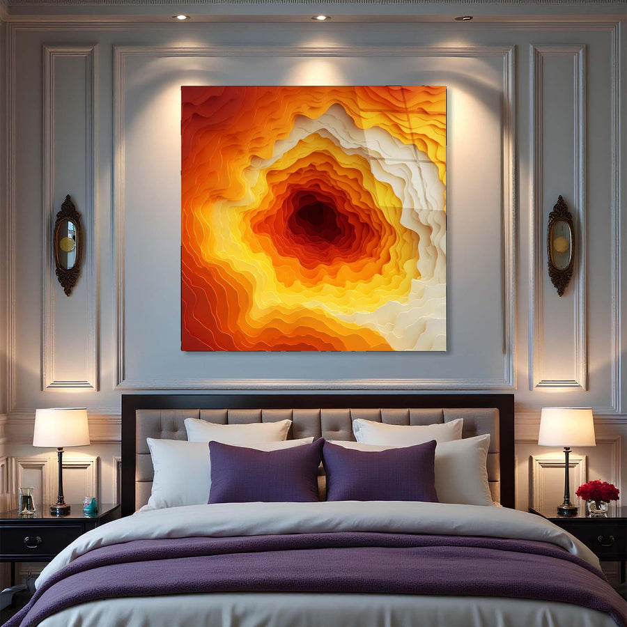 Modern bedroom with a colorful abstract painting above the bed