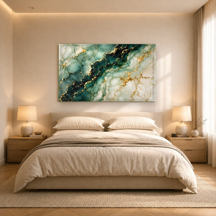 Side angle view of the Emerald Veins glass print showcasing the modern aluminum float frame hanging on a gray wall.