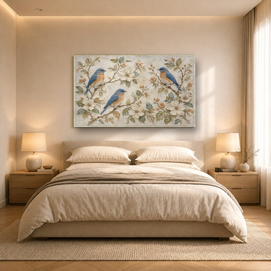 Angled shot of the frameless blue birds glass wall art reflecting soft natural light in a chic home office.