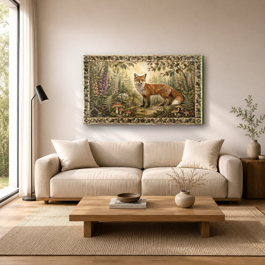 Serene spa relaxation room featuring the calming Fox Forest glass print on a textured stone wall.