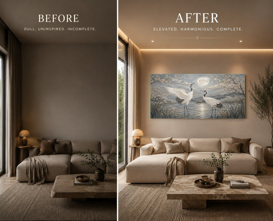 A luxury bedroom featuring a Moonlit Heron glass print mounted on a neutral accent wall above the bed.