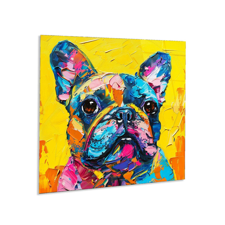Colorful painting of a dog on a yellow background