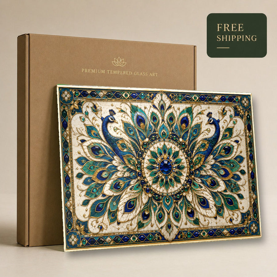 Peaceful mandala tempered glass art displayed in a minimalist spa setting