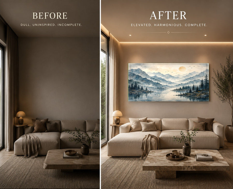 Modern landscape glass print adding a tranquil feel to a minimalist hotel lobby waiting area.