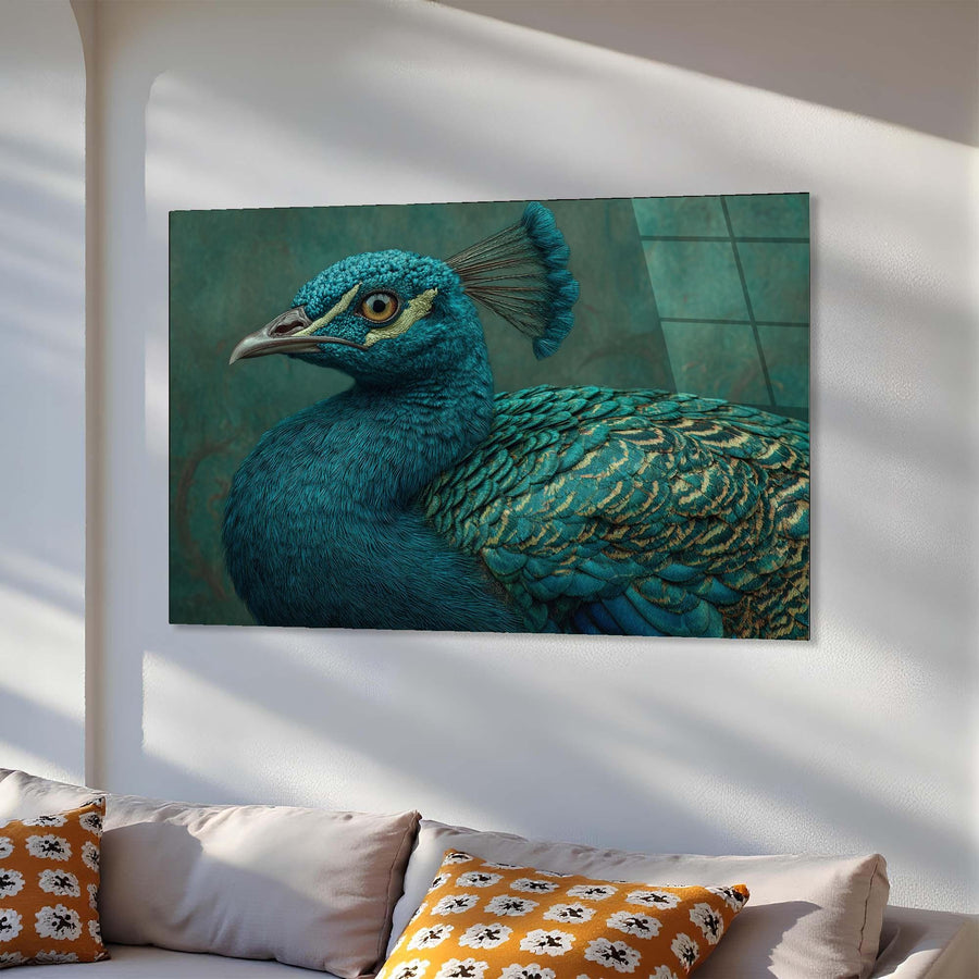 Canvas print of a peacock on a wall above a sofa with patterned cushions.