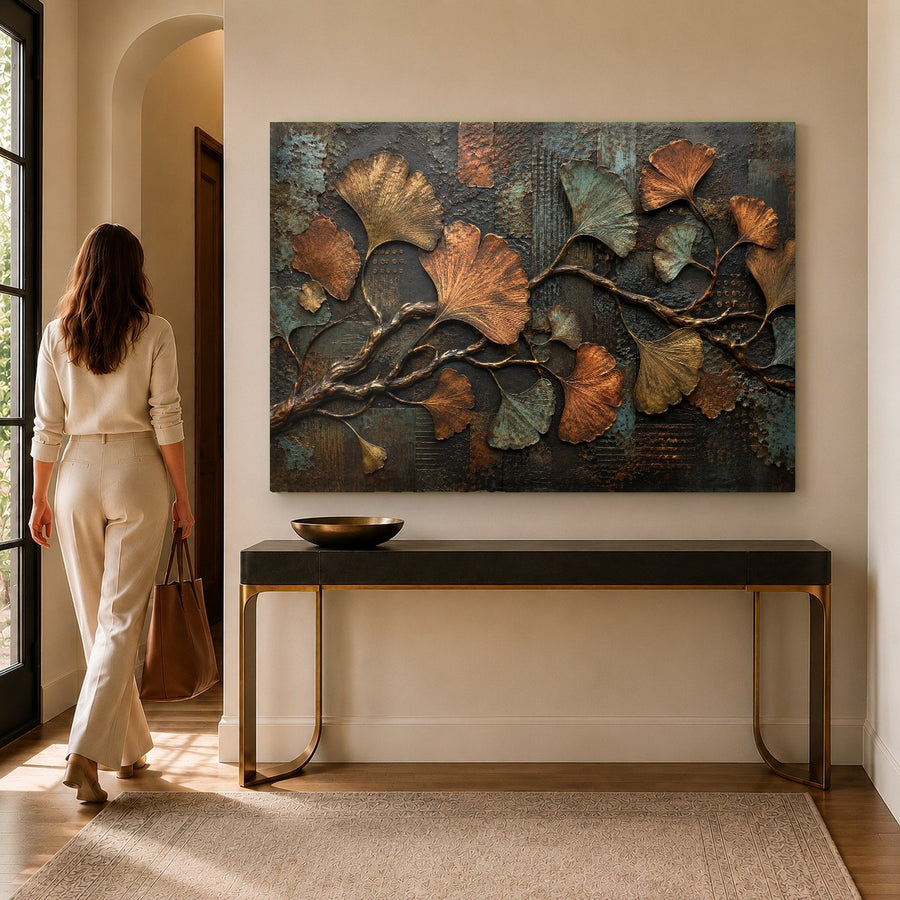 Close-up detail of the Ginkgo Metal Glass Wall Art showing metallic gold leaf textures