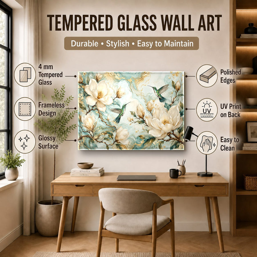 Frameless glass wall art featuring a colorful hummingbird styled in a bright, botanical-themed dining room.