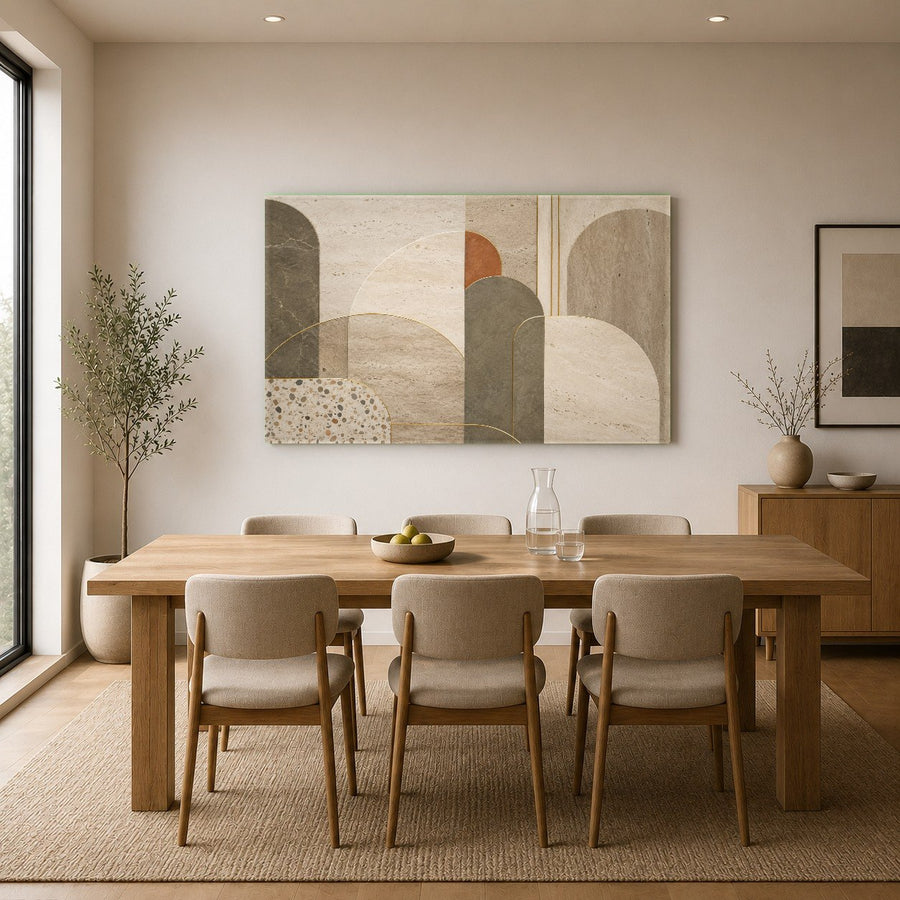 Elegant green botanical abstract glass artwork adds a pop of sophisticated color to a modern executive office.