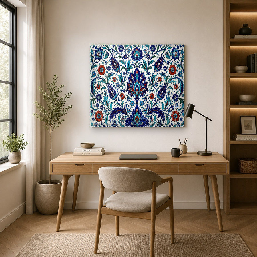 Traditional blue Iznik floral art printed on tempered glass in a cozy dining room setting.