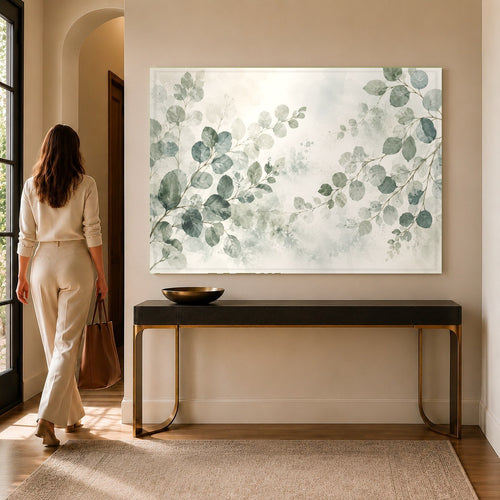 Eucalyptus Serenity glass wall art hanging above a white sofa in a bright, minimalist living room.