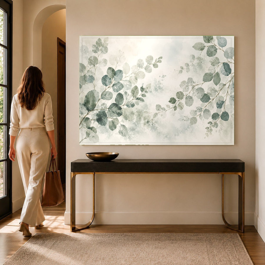 Botanical tempered glass print of eucalyptus leaves styled in a modern, spa-like master bathroom.