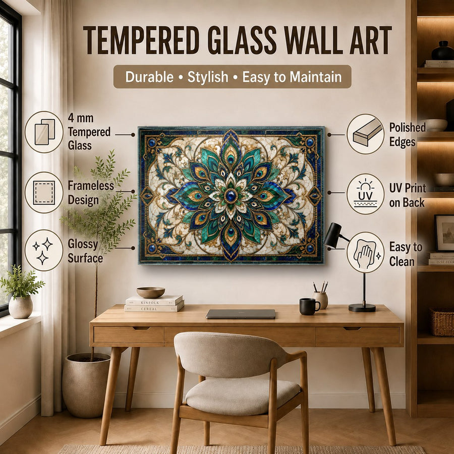 Large floral mandala glass art piece hanging on a dark accent wall in a contemporary dining room setup.