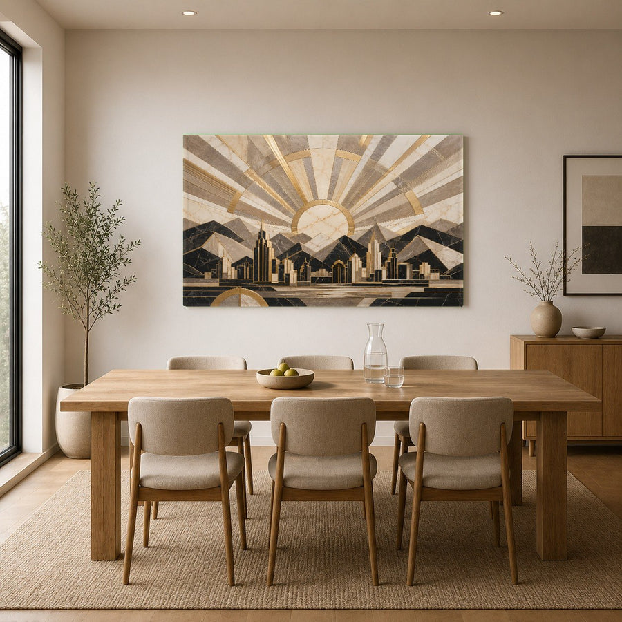 Geometric arch sunset glass art styled in a bright, modern studio apartment living space.