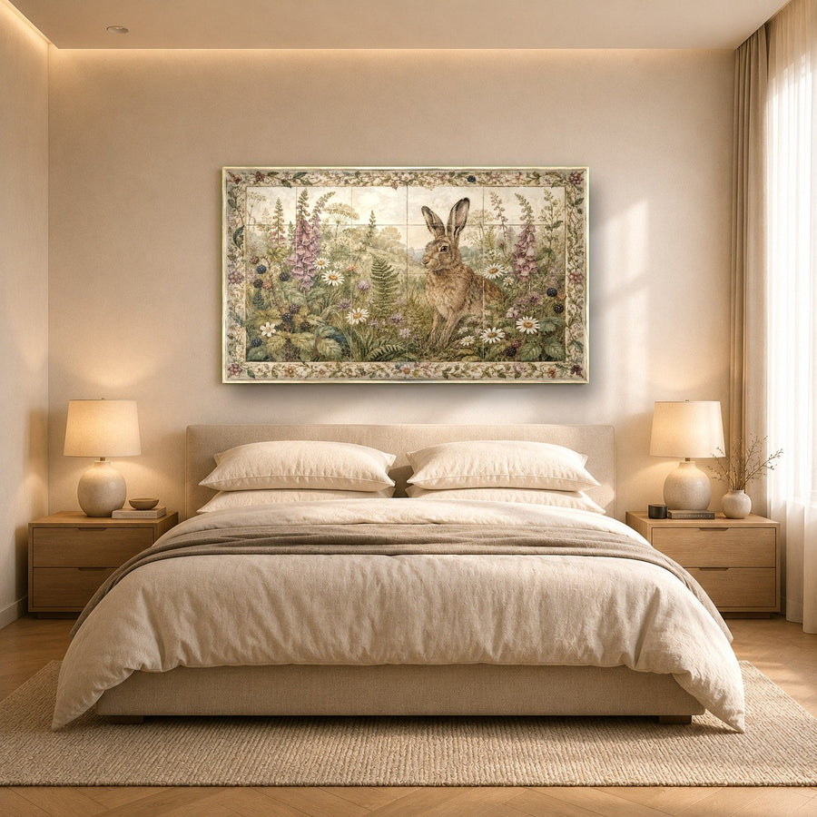 Charming rabbit wall art styled in a tranquil spa interior design