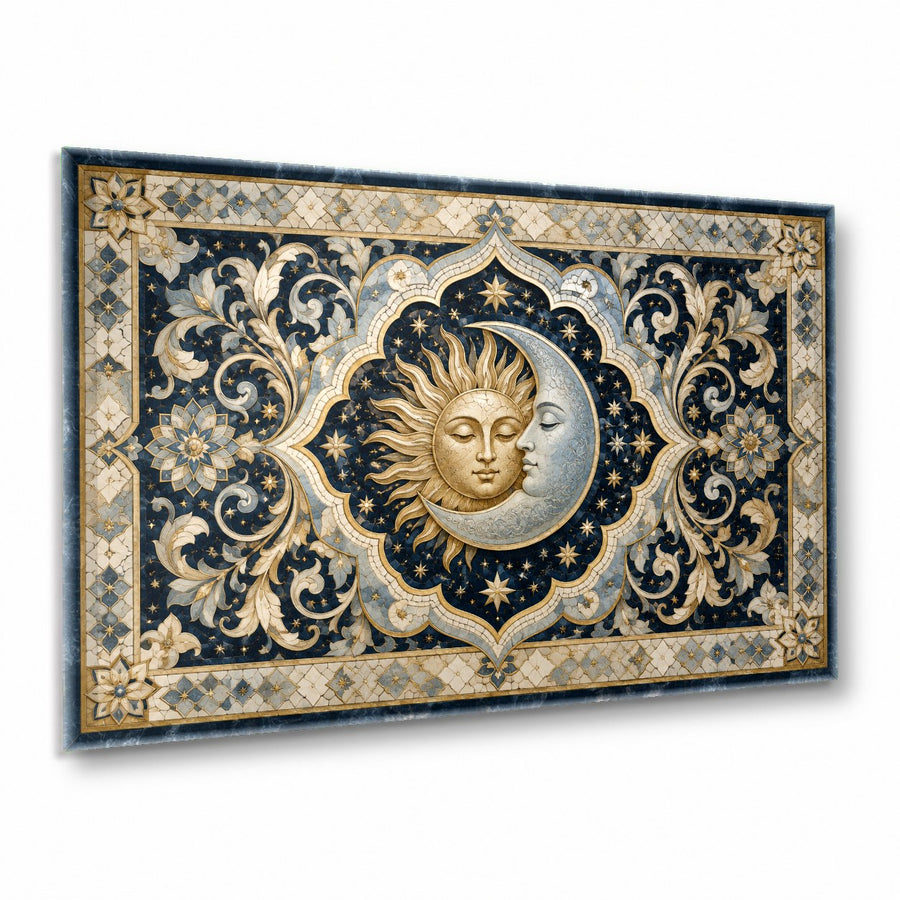 Sun and Moon celestial glass wall art hanging in a modern bohemian living room above a cream-colored sofa.