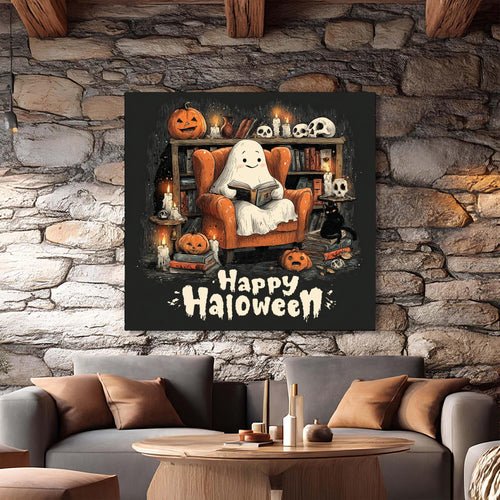 Halloween-themed artwork with a ghost reading a book in an armchair, surrounded by pumpkins and candles.