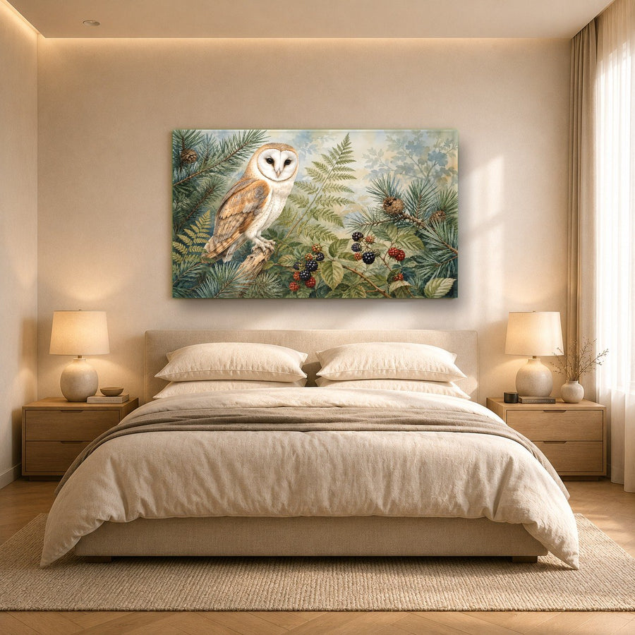 Owl Forest Glass Wall Art displayed in a tranquil reading nook with lush green indoor plants