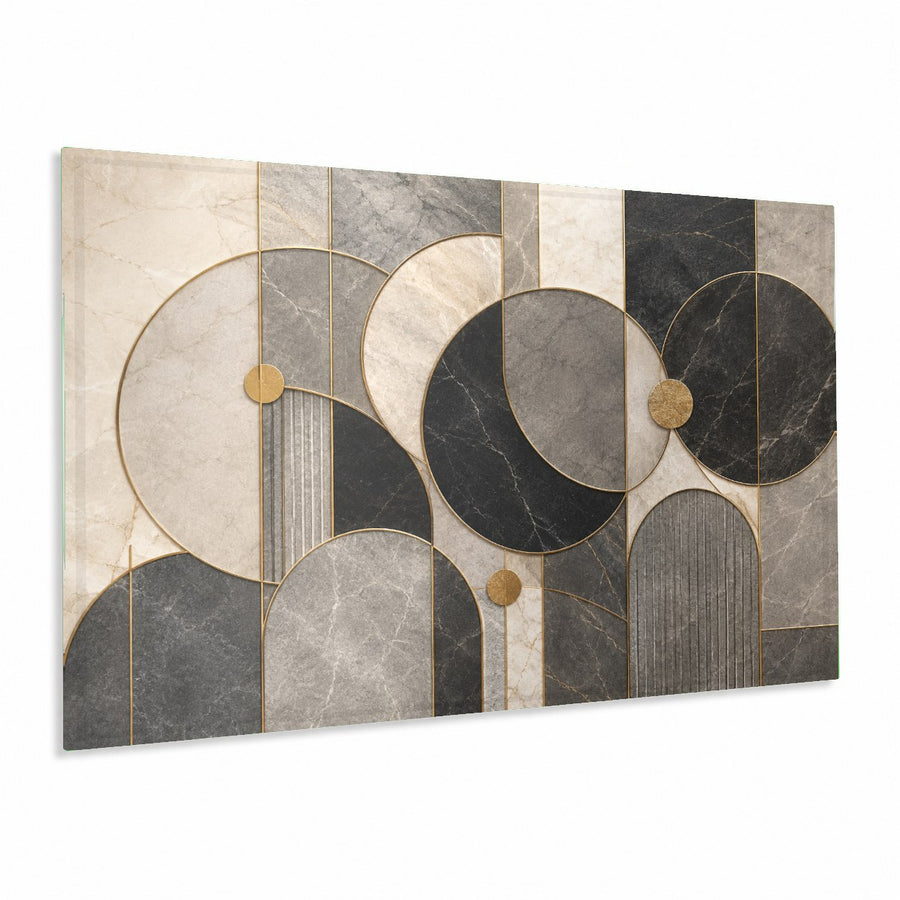 Geometric Luxe Glass Wall Art hanging above a modern velvet sofa in a chic living room with gold accents.