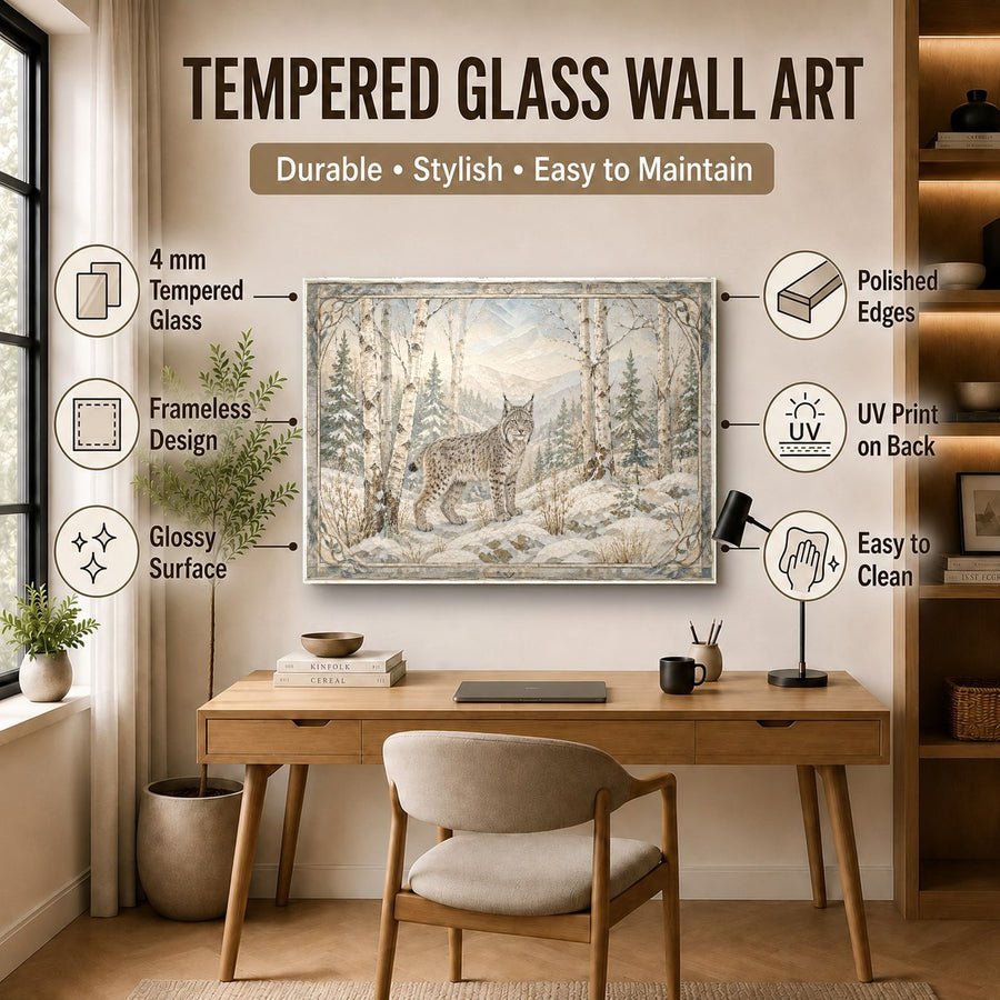 Large winter forest art piece styling a modern dining room wall decor setup