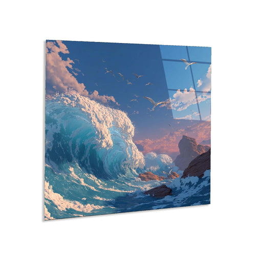 Large wave crashing against rocks with a clear blue sky and clouds.