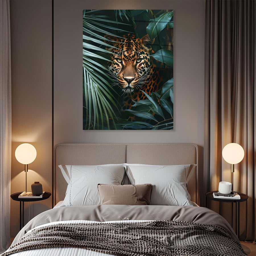 Bedroom with a large painting of a leopard on the wall above a bed.