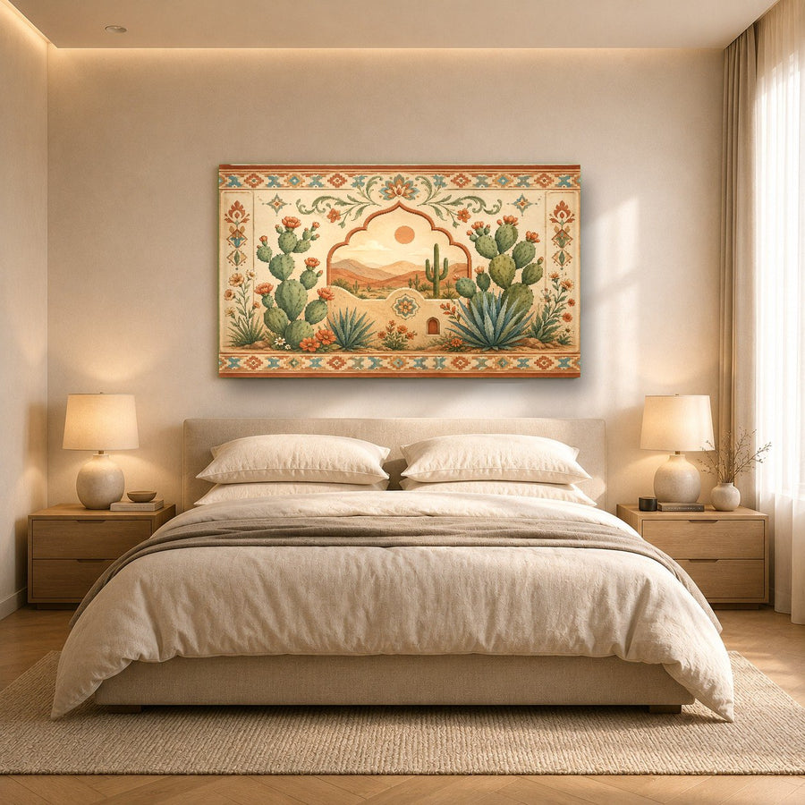 Interior mockup of a modern hallway decorated with a vertical desert arch print