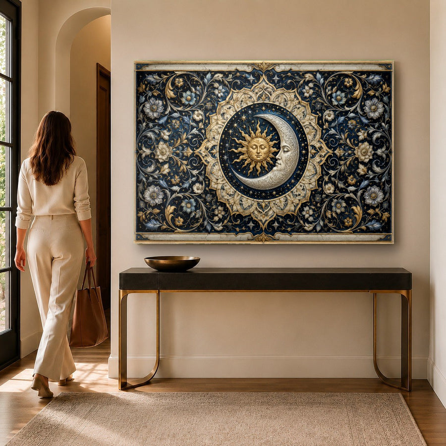 Mystical celestial tempered glass print mounted on a dark teal bedroom accent wall above a king-sized bed.