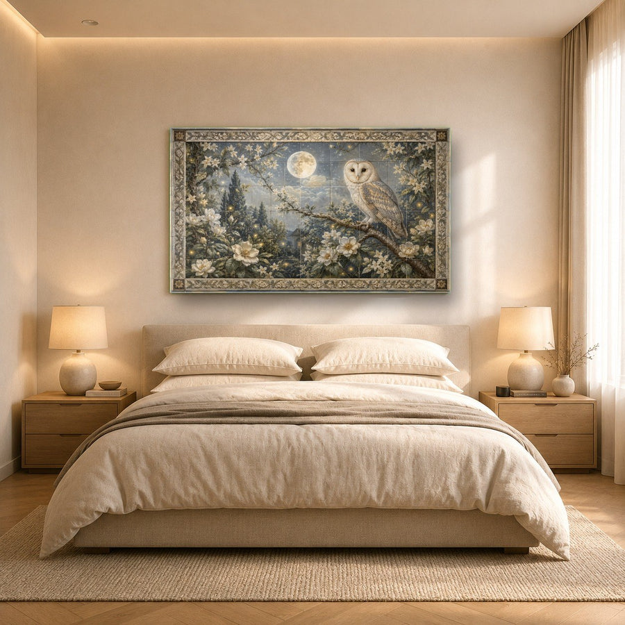 Elegant owl and moon tempered glass print adding a touch of nature and mystery to a luxury hotel lobby.